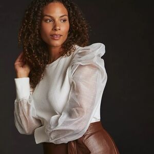 Anthropogie DOLAN Beige Puff-Sleeve Rib‎ Top Size S NWT